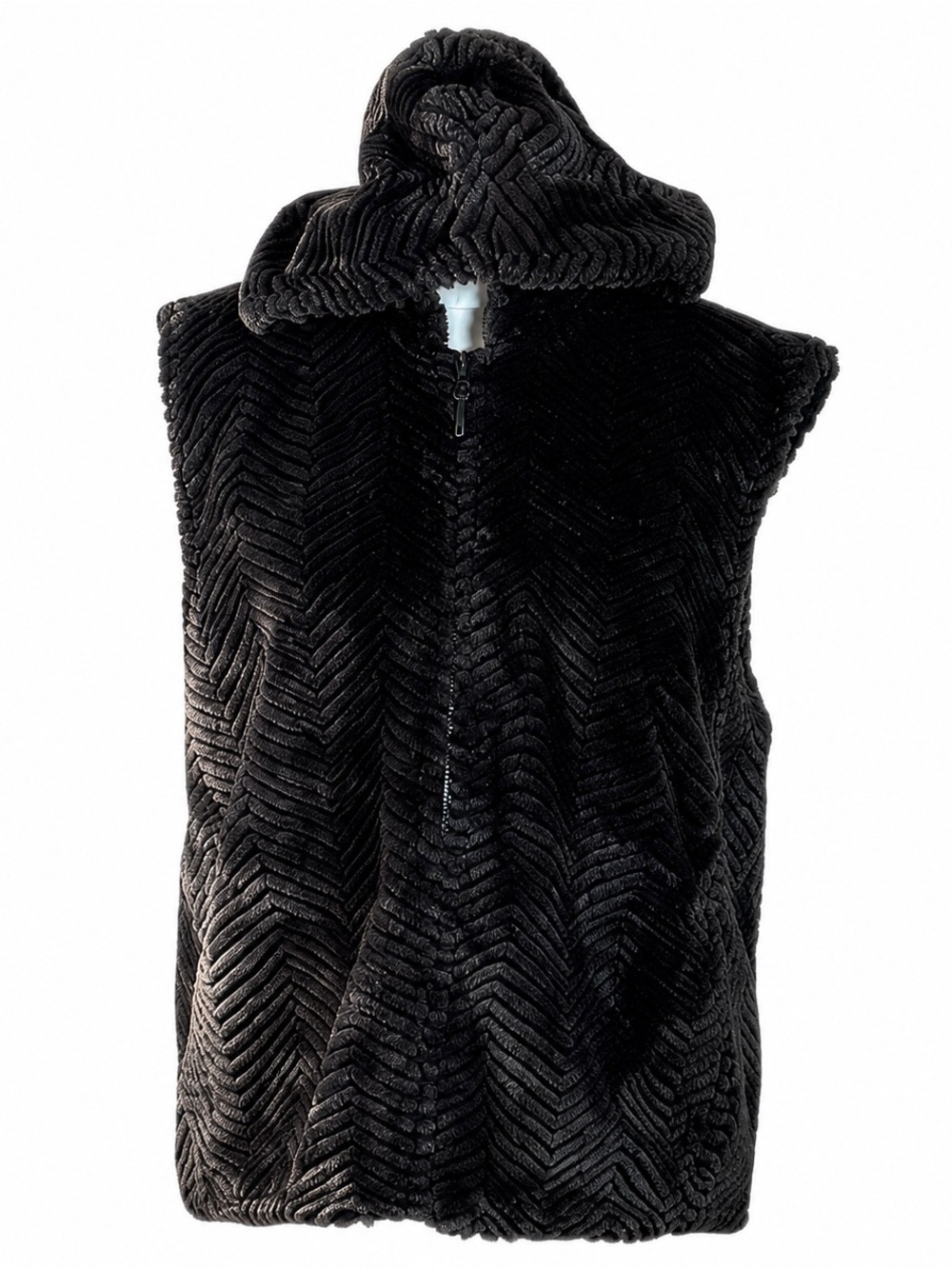 Sport Haley Faux Fur Vest Womens Large Brown Hooded Chevron Zip Winter Outerwear